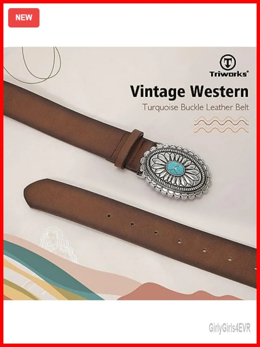 Vintage Western Faux Leather Belt with Turquoise Oval Buckle - Adjustable
